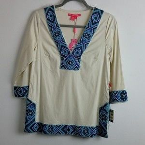 Flamenco beaded v neck top S Cream NWT Boho Bohemian
